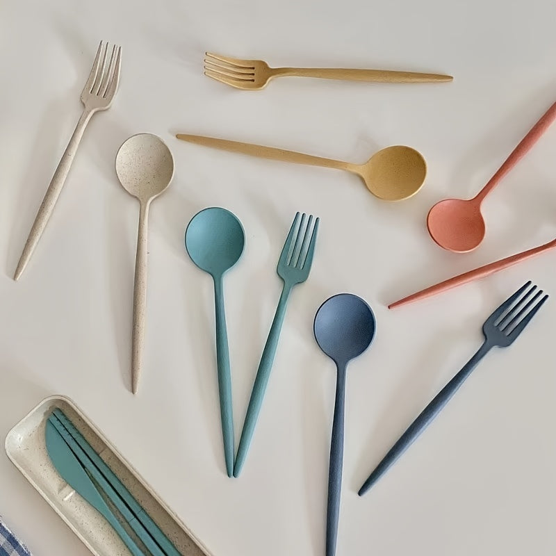 [Portable Travel Use] 4pcs Portable Wheat Straw Tableware Set, Easy to Clean And Store, Resistant to Falling, Suitable for Students, White Collar, Blue Collar, Outdoor Dinner Travel Use