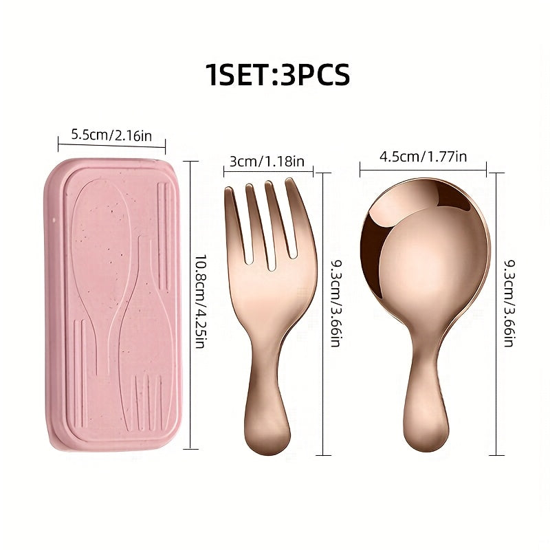 [Short-handle round soup spoon] 3pcs Stainless Steel Portable Cutlery Set | Short-handle Round-head Spoon, Fork, Ice Cream Spoon | Boxed