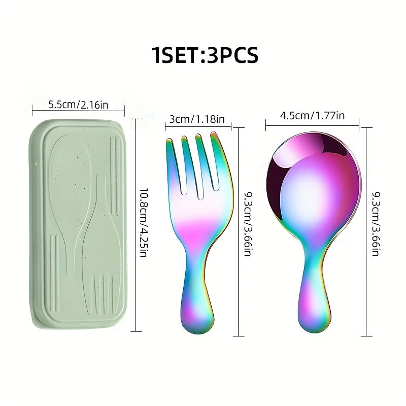 [Short-handle round soup spoon] 3pcs Stainless Steel Portable Cutlery Set | Short-handle Round-head Spoon, Fork, Ice Cream Spoon | Boxed