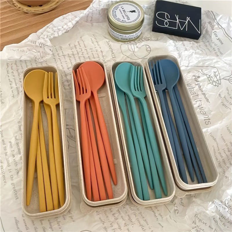[Portable Travel Use] 4pcs Portable Wheat Straw Tableware Set, Easy to Clean And Store, Resistant to Falling, Suitable for Students, White Collar, Blue Collar, Outdoor Dinner Travel Use