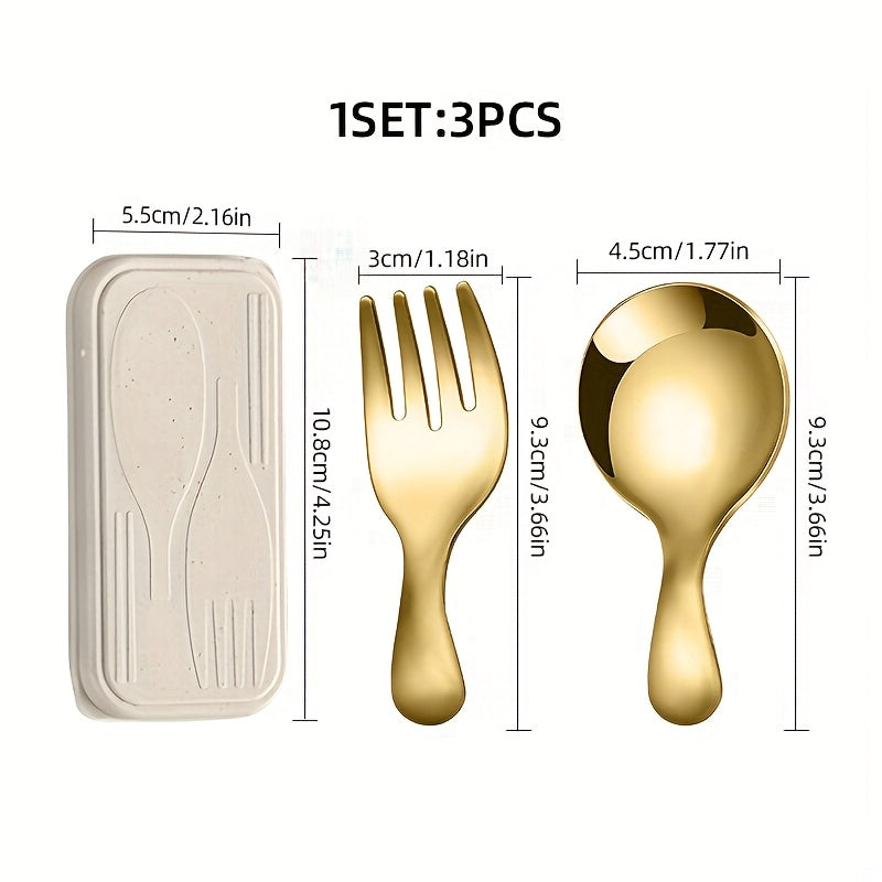 [Short-handle round soup spoon] 3pcs Stainless Steel Portable Cutlery Set | Short-handle Round-head Spoon, Fork, Ice Cream Spoon | Boxed