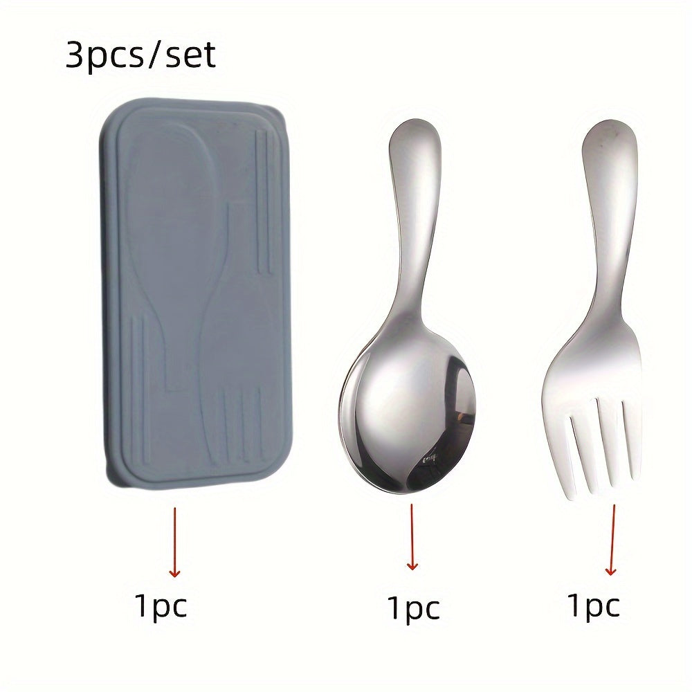3pcs/Set Stainless Steel Spoon Fork Set, Short Handle Small Round Spoon Auxiliary Food Home Travel Tableware, Ice Cream Spoon Dessert Spoon, Easy And Durable, Home Travel Essential Tableware Set