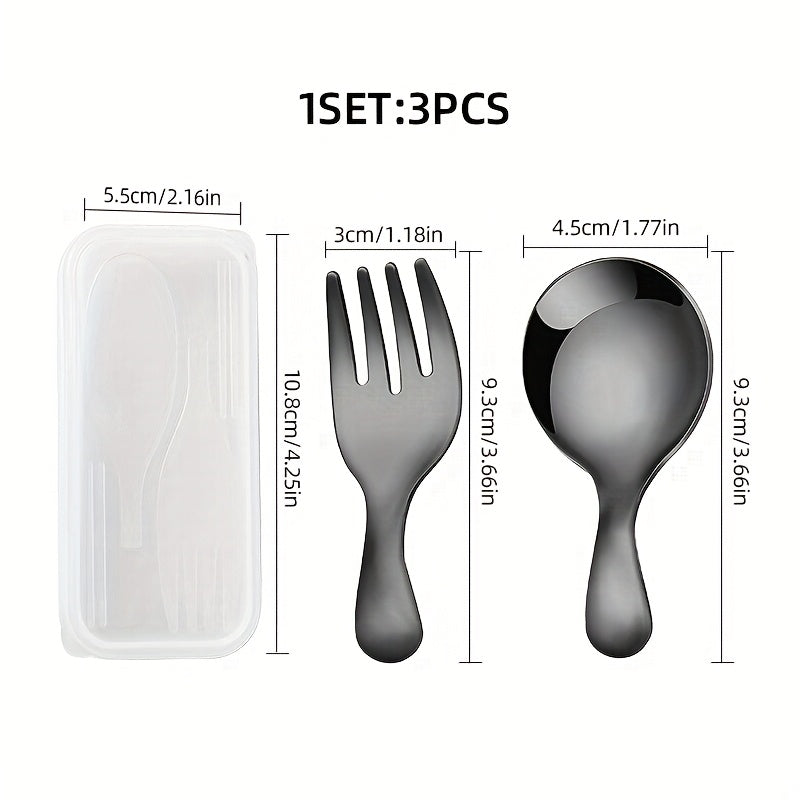 [Stainless Steel | Portable] 3pcs Stainless Steel Fork & Spoon Set | Portable, Durable, Easy-Clean | Colorful Lid Boxes for Coffee, Tea, Desserts, Fruits - Outdoor, Camping, Travel, Office Use - Multiple Colors Available, Office Essentials | Vibrant Lid B