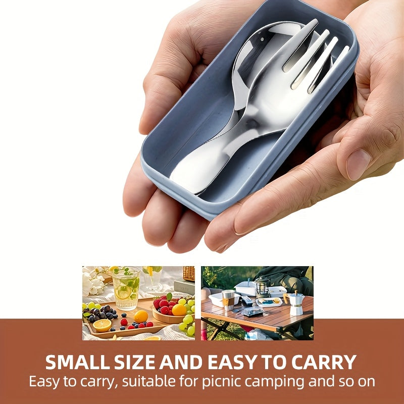 [Stainless Steel | Portable] 3pcs Stainless Steel Fork & Spoon Set | Portable, Durable, Easy-Clean | Colorful Lid Boxes for Coffee, Tea, Desserts, Fruits - Outdoor, Camping, Travel, Office Use - Multiple Colors Available, Office Essentials | Vibrant Lid B