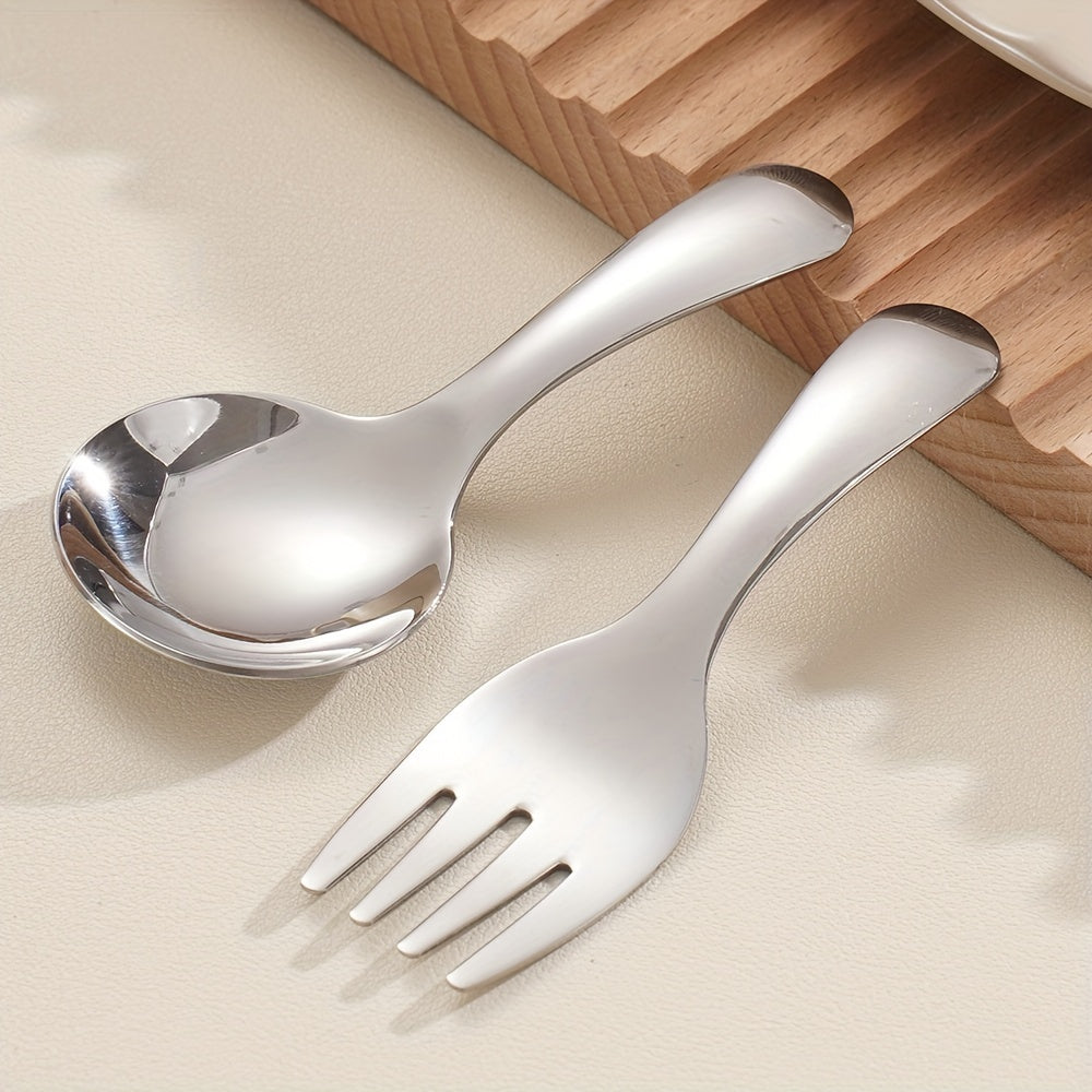 3pcs/Set Stainless Steel Spoon Fork Set, Short Handle Small Round Spoon Auxiliary Food Home Travel Tableware, Ice Cream Spoon Dessert Spoon, Easy And Durable, Home Travel Essential Tableware Set