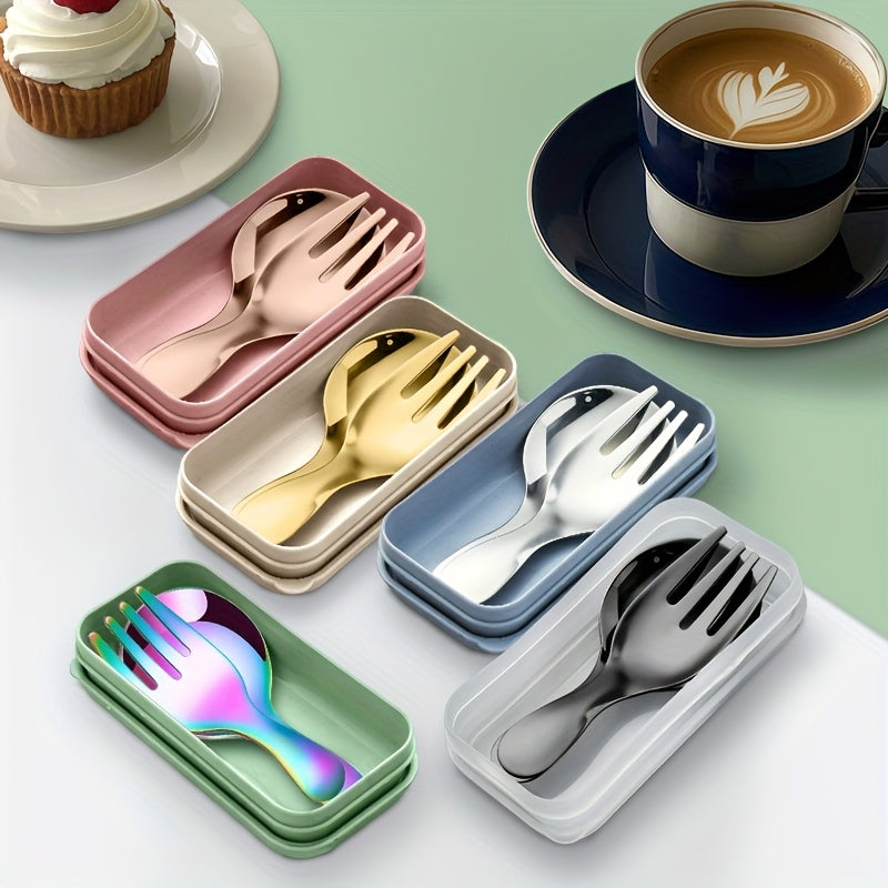 [Stainless Steel | Portable] 3pcs Stainless Steel Fork & Spoon Set | Portable, Durable, Easy-Clean | Colorful Lid Boxes for Coffee, Tea, Desserts, Fruits - Outdoor, Camping, Travel, Office Use - Multiple Colors Available, Office Essentials | Vibrant Lid B