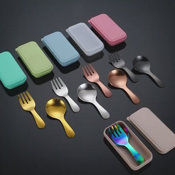 3pcs/Set Stainless Steel Spoon Fork Set, Short Handle Small Round Spoon Auxiliary Food Home Travel Tableware, Ice Cream Spoon Dessert Spoon, Easy And Durable, Home Travel Essential Tableware Set